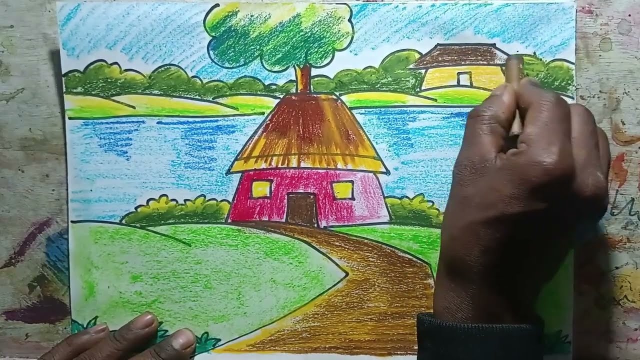 how to make scenery drawing with oil pastels