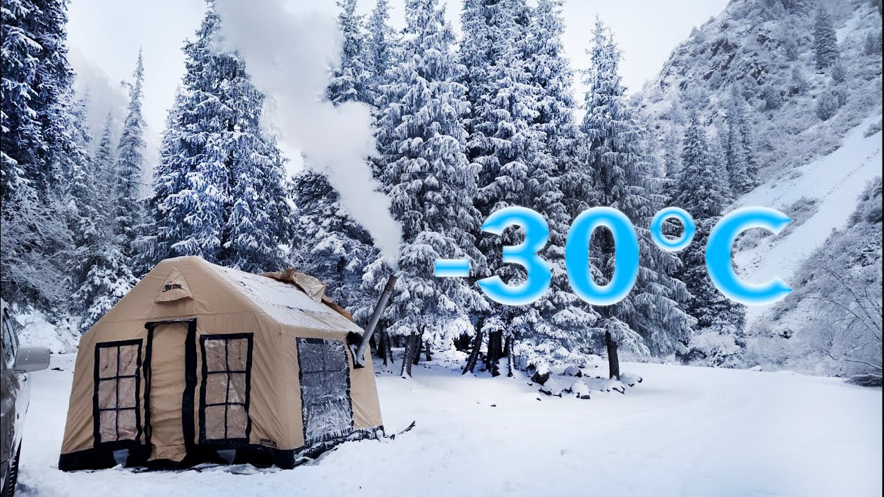 -30°C Зимний Кемпинг в надувной палатке - Снежная буря и горячая хижина