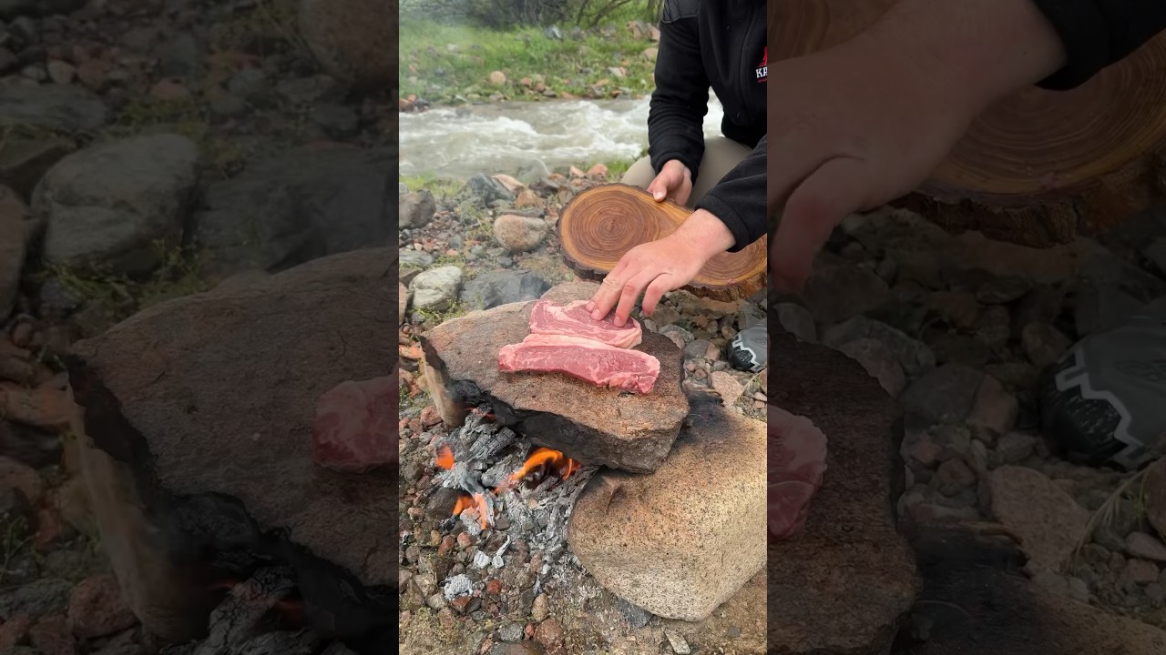Cooking steak on a stone🤤🔥 #food #bbq #cooking #survival #meat #вкусно #carpfishing #горы