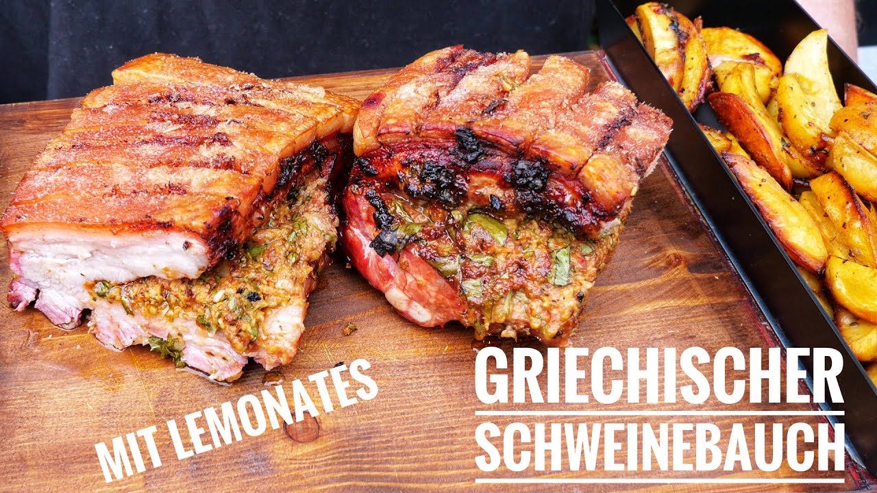 #567: Griechisch gefüllter knuspriger Schweinebauch mit Lemonates (Zitronenkartoffeln)