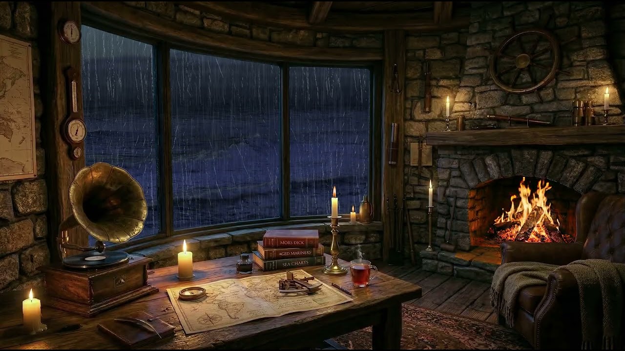 Cozy Stone Room in an Ocean Storm Smooth Dark Jazz, Steady Rain Fireplace Ambient
