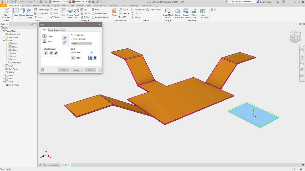 Autodesk Inventor Sheet Metal Face command with Bend option