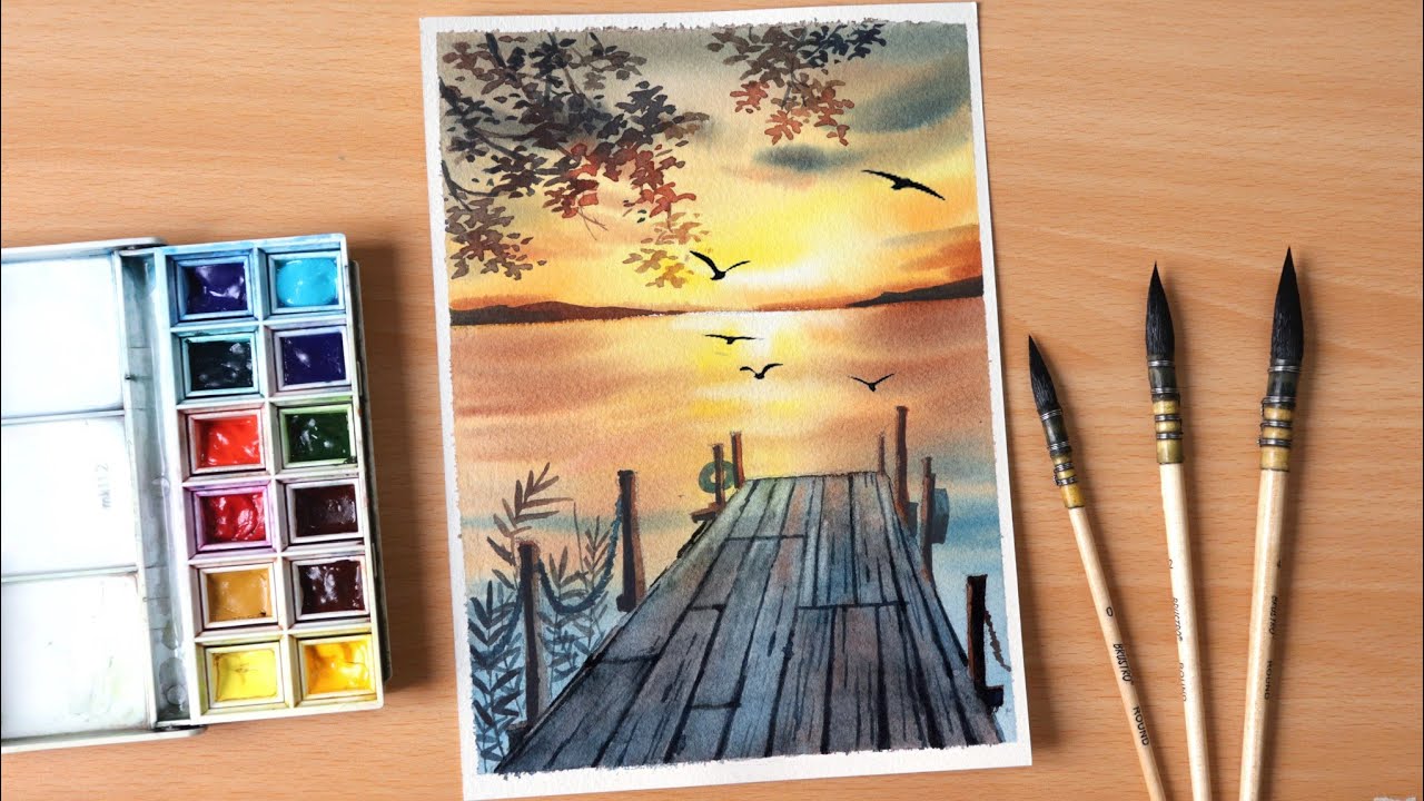 Watercolor painting of sunset evening landscape scenery of riverside step by step