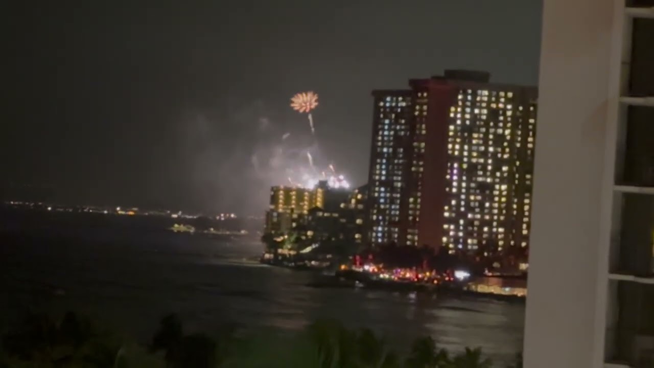 End of fireworks Friday February 20, 2026 Waikiki view from twin Fin Hotel 