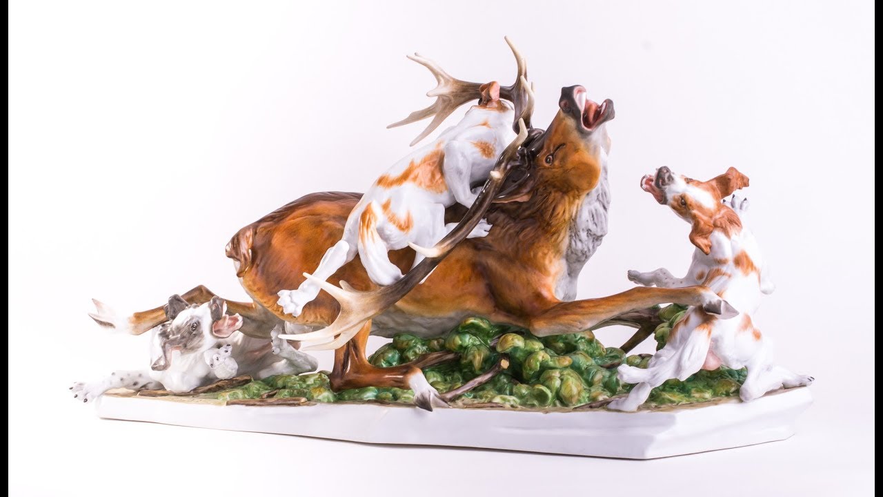 Deer with Dogs Hunting Statue - Herend Porcelain