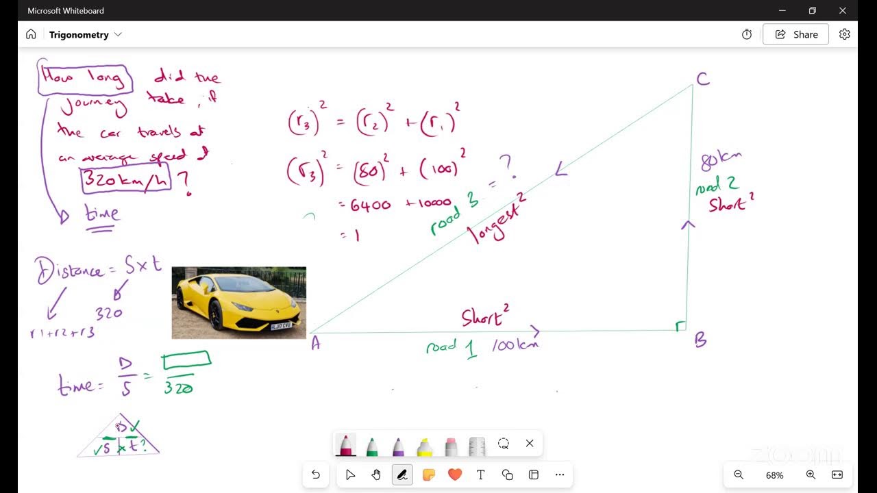 Lamborghini and Pythagoras with speed, distance and time