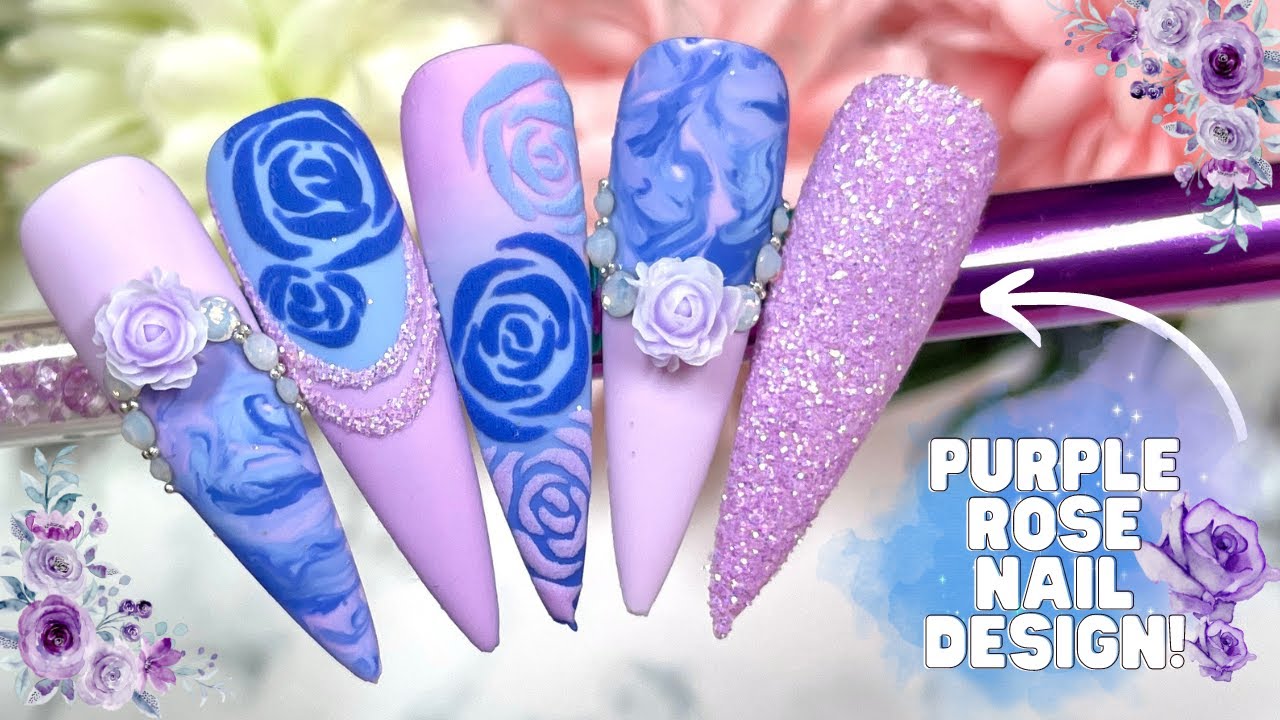 PURPLE ROSE EMBOSSED NAIL ART DESIGN TUTORIAL| MARBLE NAILS| ROSE CHARM NAILS| MADAM GLAM