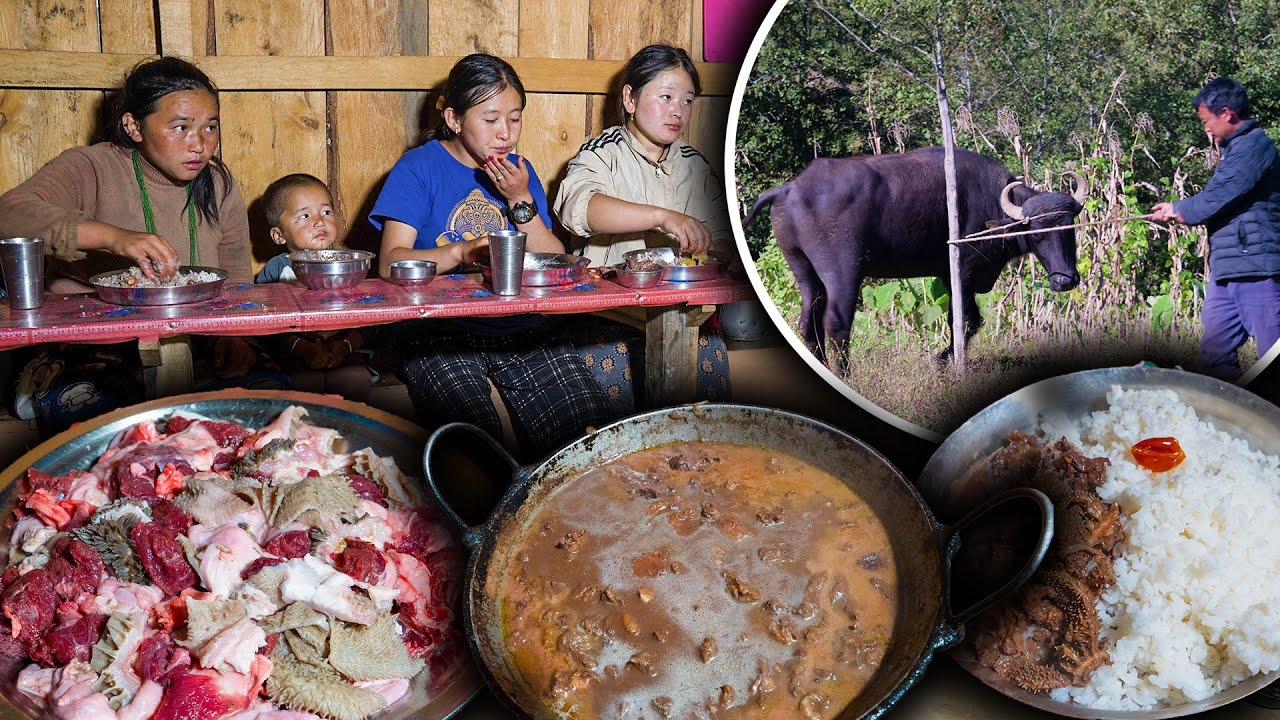 Buffalo cutting in the Rural village || Village Style Buff cutting, cooking & eating || Buff recipe