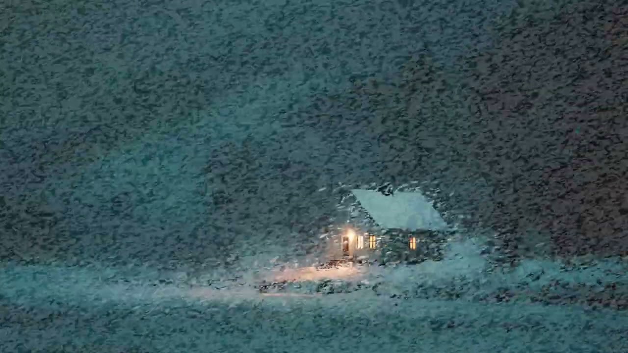 Lonely Mountain Cabin Glowing Warmly Through a Long Silent Blizzard Winter Night in the Dark Forest