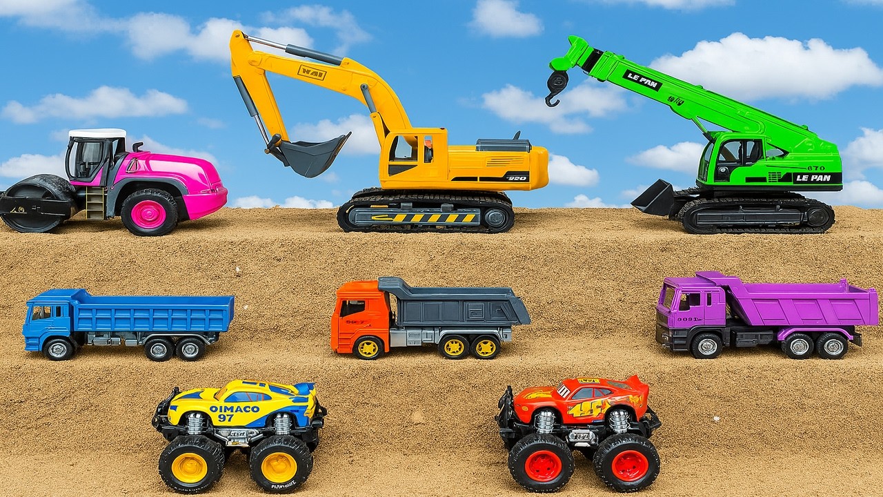 Road Construction Project with Mini Excavator Dump Truck Roller and Concrete Mixer Machine Work