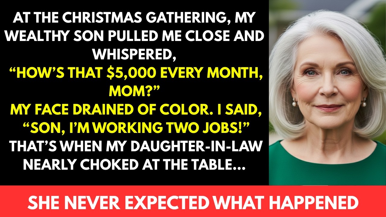 At the Christmas party, my millionaire son hugged me and whispered, Enjoying the $5,000 a month, Mom