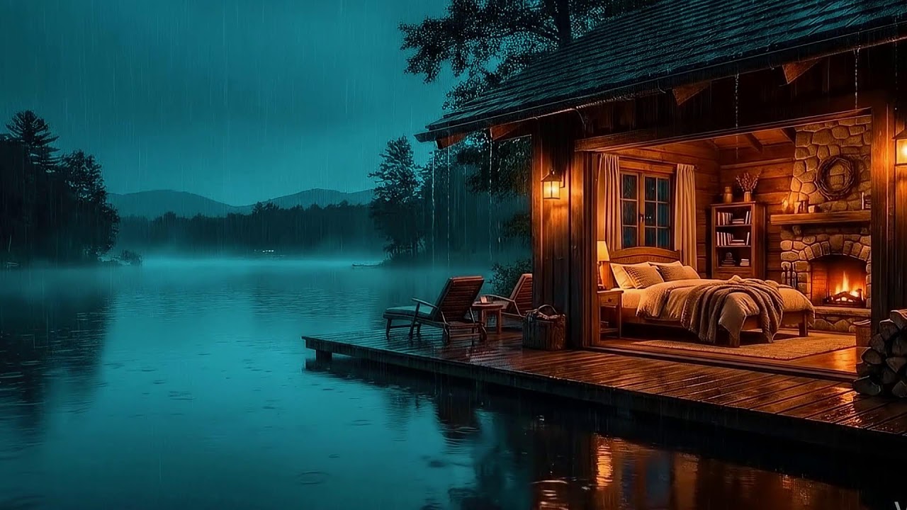 12 HOURS: RELIEVE INSOMNIA & ANXIETY | Realistic Lake Cabin Rain Sounds for Deep Sleep