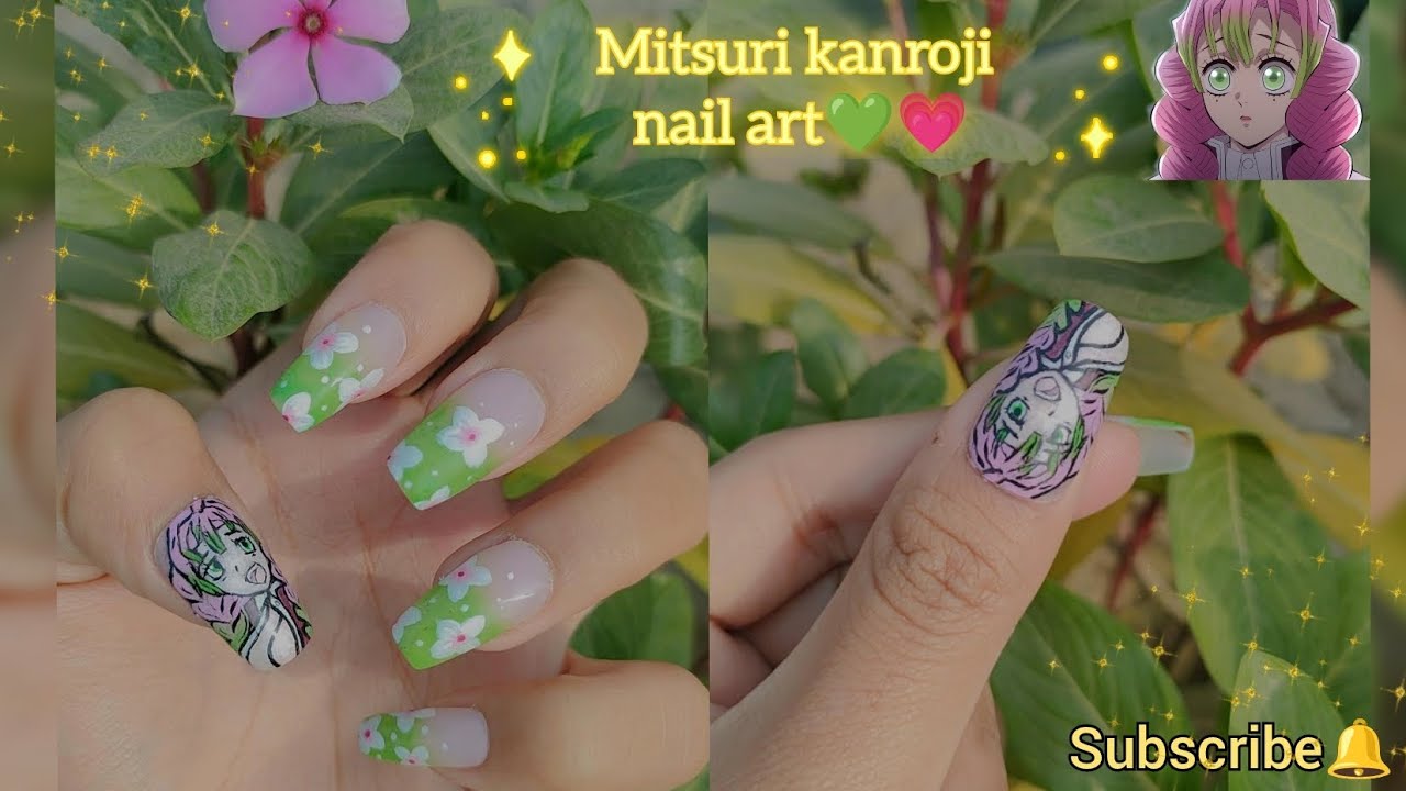 kawaii Mitsuri nail art💚💗 #asmr #nailart  #demonslayer #mitsurikanroji #animenails #kawaii #relaxing