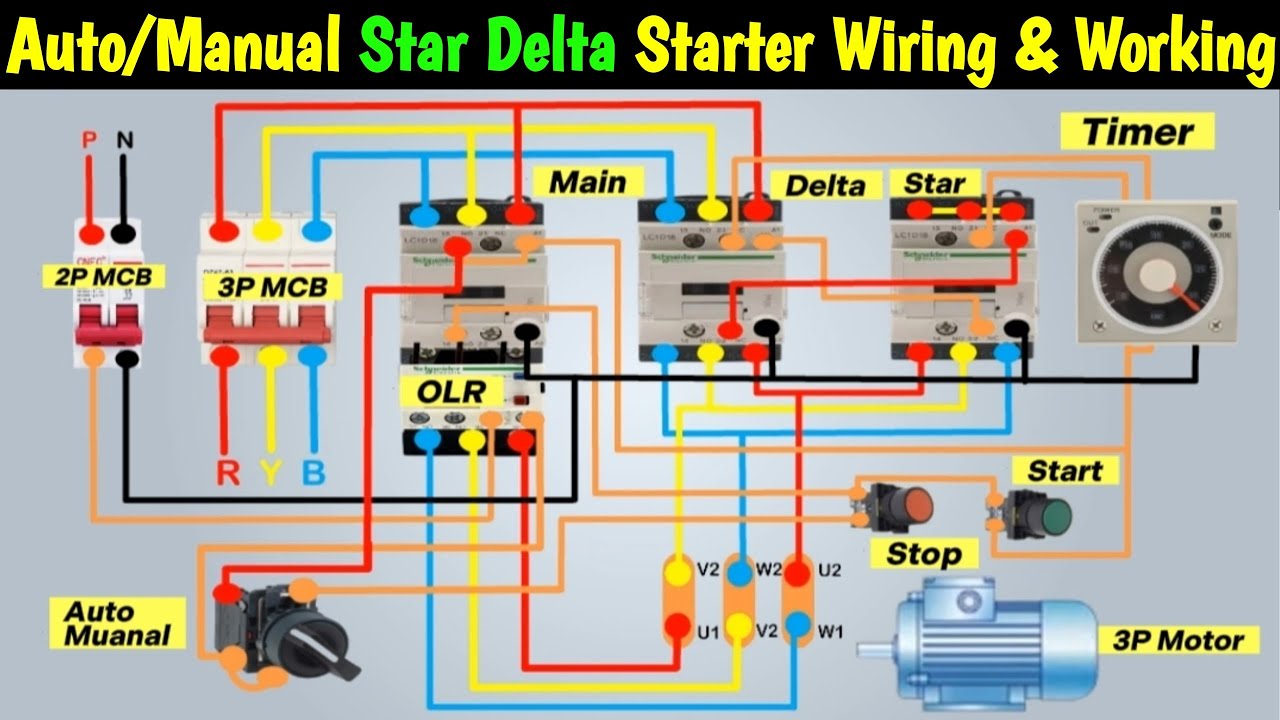 Star Delta Starter With Timer & Auto/Manual Selector Switch Connection | Power & Control Wiring