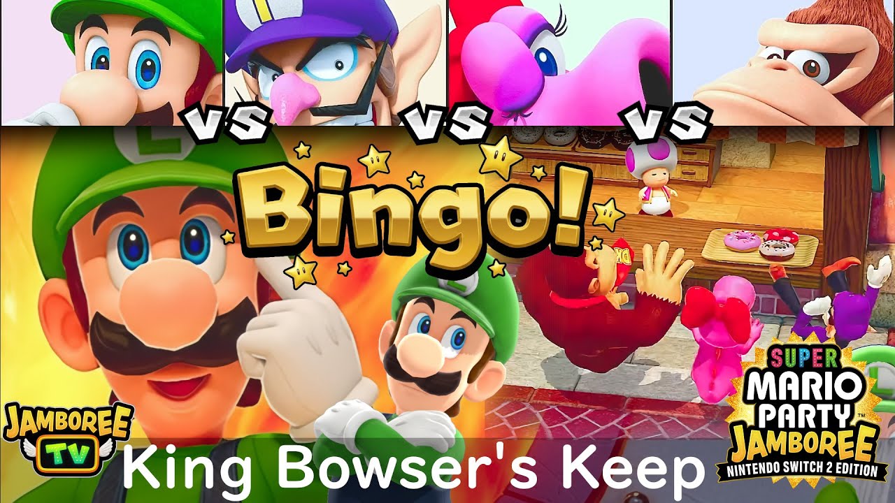 Super Mario Party Jamboree Luigi vs Waluigi vs Birdo vs Donkey Kong in Mario's Rainbow Castle