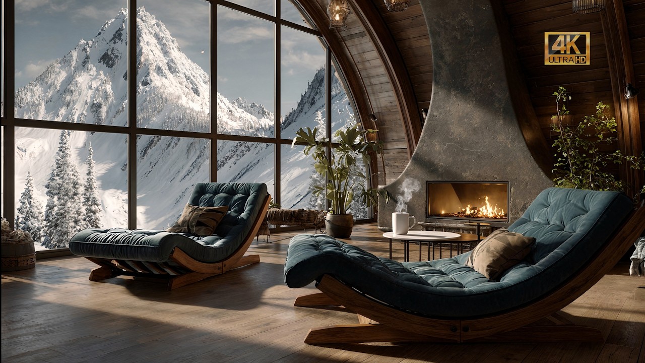 Luxury Mountain Fireplace Ambience 4K • Crackling Fire & Winter Mountain View • 8 Hours