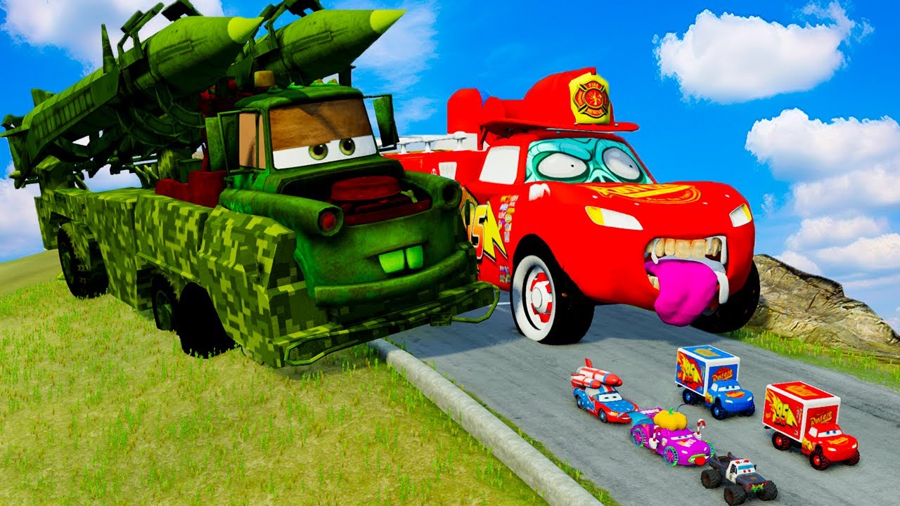Big & Small Lightning McQueen Monster Wheels vs Pixar Cars with Big Wheels in BeamNG Drive!