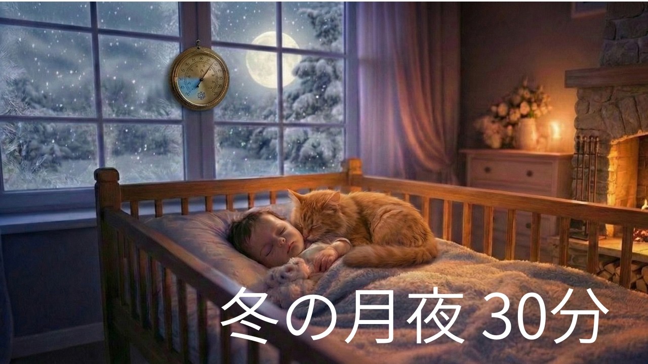 【月夜シリーズ】赤ちゃんと猫の冬の静かな夜｜暖炉の温かい光のそばで｜30分睡眠用