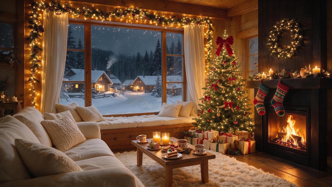 Warm Christmas Fireplace 2026 🎄 Relaxing Christmas Music on a Snowy Day with Crackling Fireplace