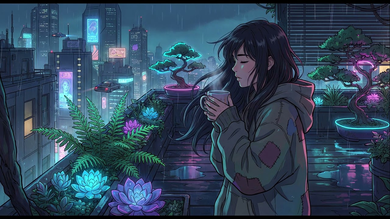 Cozy Cyberpunk Evening 🌿☕ | Rooftop Garden Chill & Tea Time