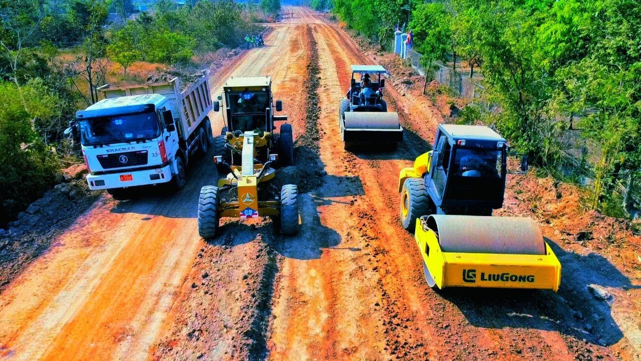 Heavy Equipment Road Construction Process  Grader, Roller and Dump Truck