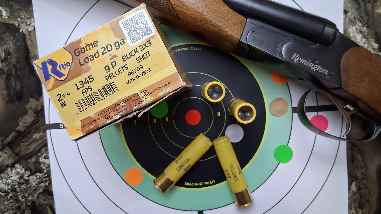 Rio 3x3 #1 Buckshot Loads in standard-length 20ga. with 5-shot group and shell breakdown.