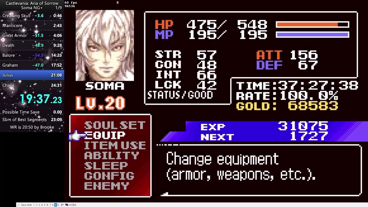 Aria of Sorrow - Newgame+ Glitchless Speedrun in 23:11