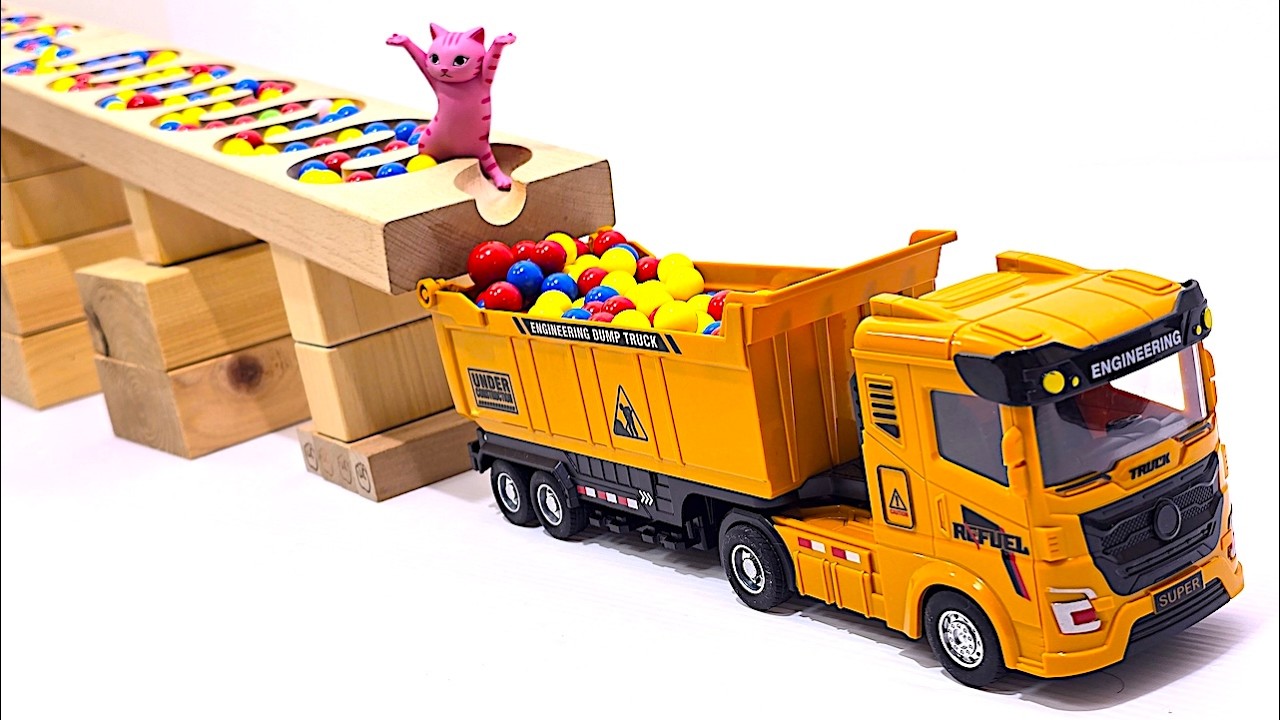 Toy Trucks Collect Colorful Marbles | Satisfying Wooden Marble Run