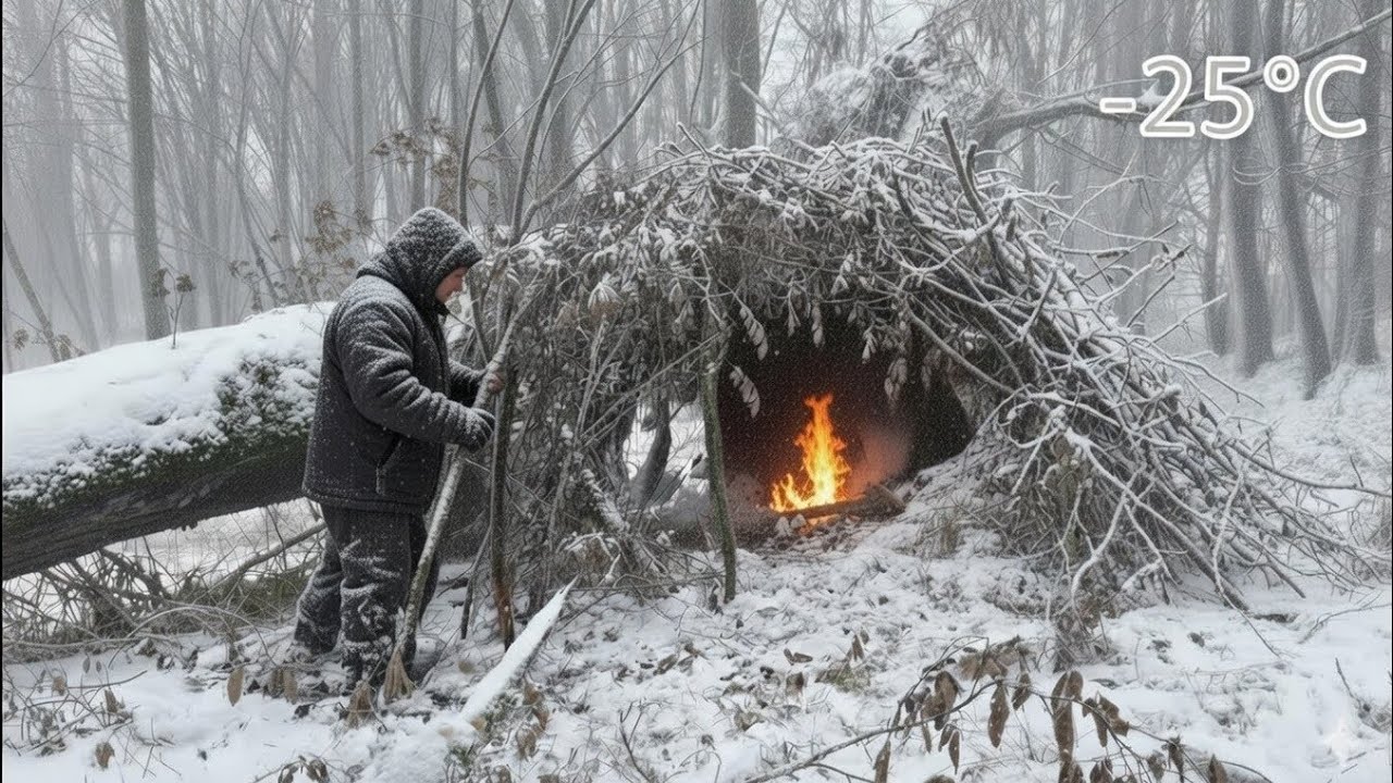 Caught in a Heavy Snowfall under rocks | Survival Shelter Camping in snowstorm -25°