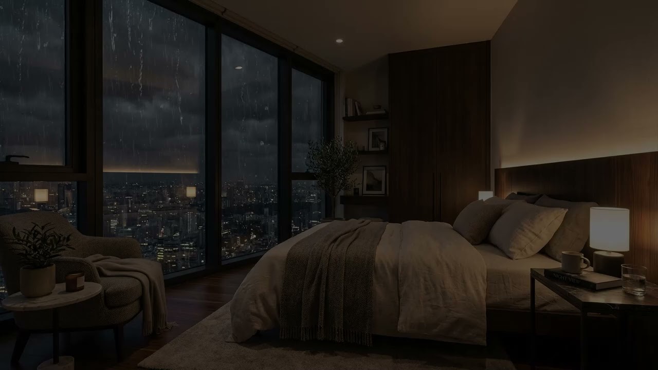 Late Night Rain 🌧️ Falling Over Shimmering City Roads Viewed From A Skyline Bedroom 🌃