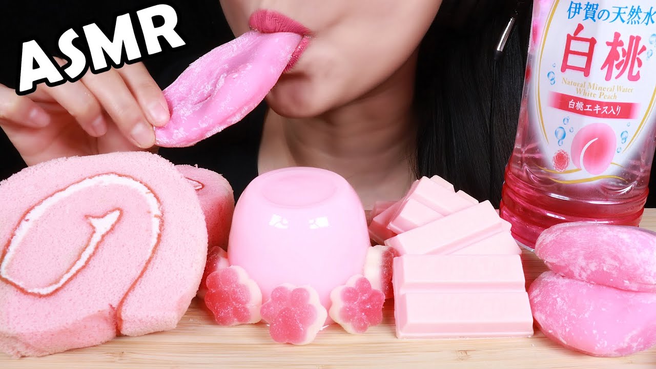 ASMR EATING SOUNDS PINK FOOD CAKE SWISS ROLLS  MOCHI JELLY KIT KAT 젤리 먹방 JELLY MUKBANG ゼリーを食べる 咀嚼音