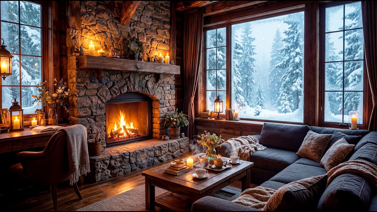 Cozy Winter Jazz Piano by the Fireplace ❄️ Warm Coffee, Snowfall & Relaxing Evening Ambience