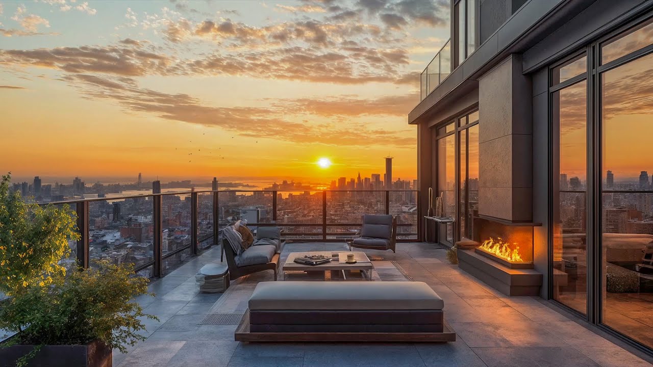 NYC Summer Morning: Cozy Balcony Ambience for Relaxation, Deep Sleep & Focus 😌😴🎧 (Crickets & Fire)