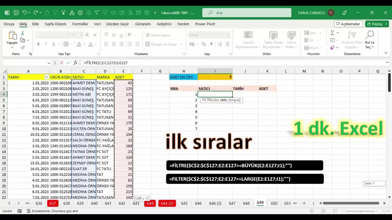 Excel 1 Dakika - Dinamik Sıralı Liste