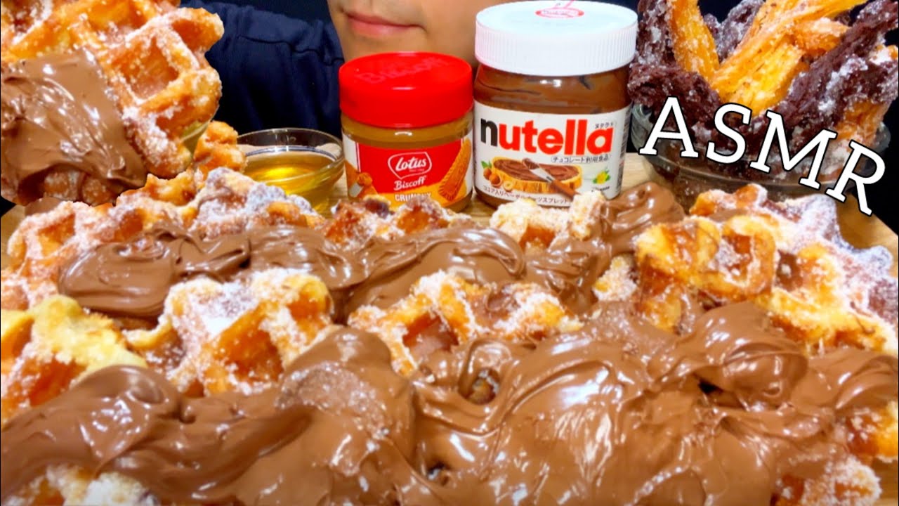 【咀嚼音】ヌテラ揚げワッフル！ハニーチュロス！/ASMR/EatingSounds/Mukbang/먹방