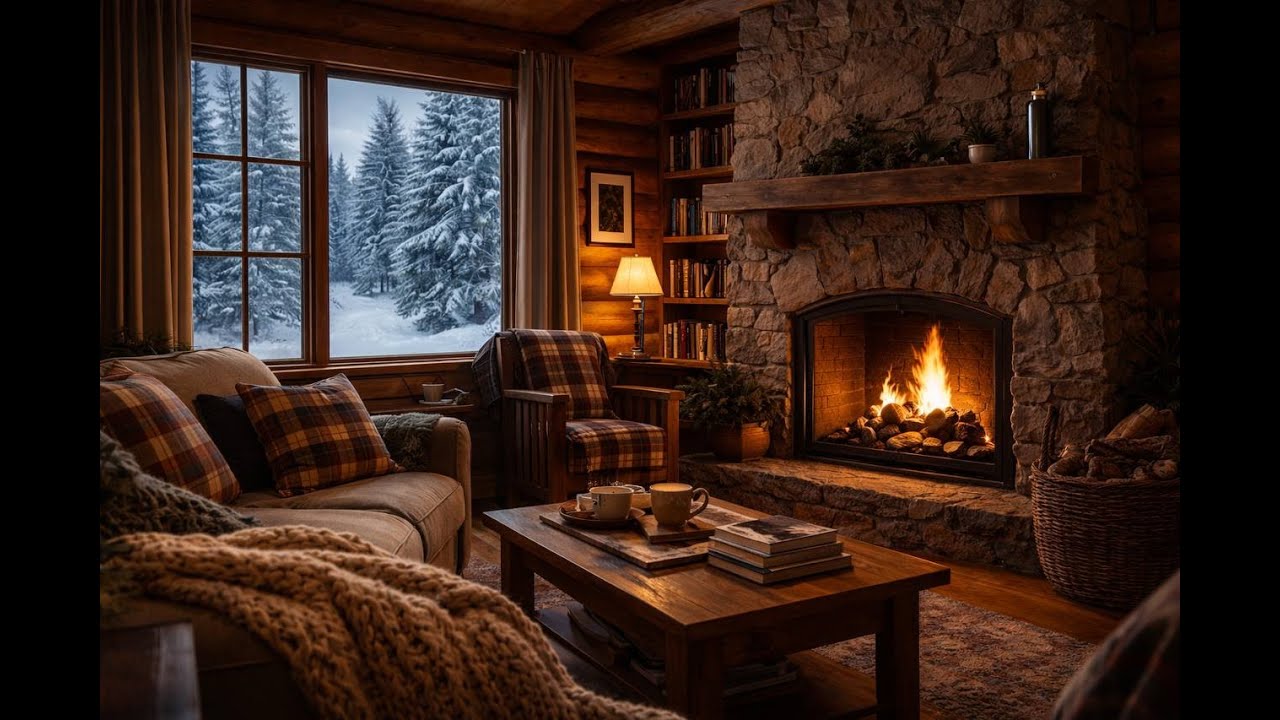 4 Hours of Cozy Fireplace in a Snowy Cabin 🔥❄️ | Relaxing Crackling Fire Sounds for Sleep, Study
