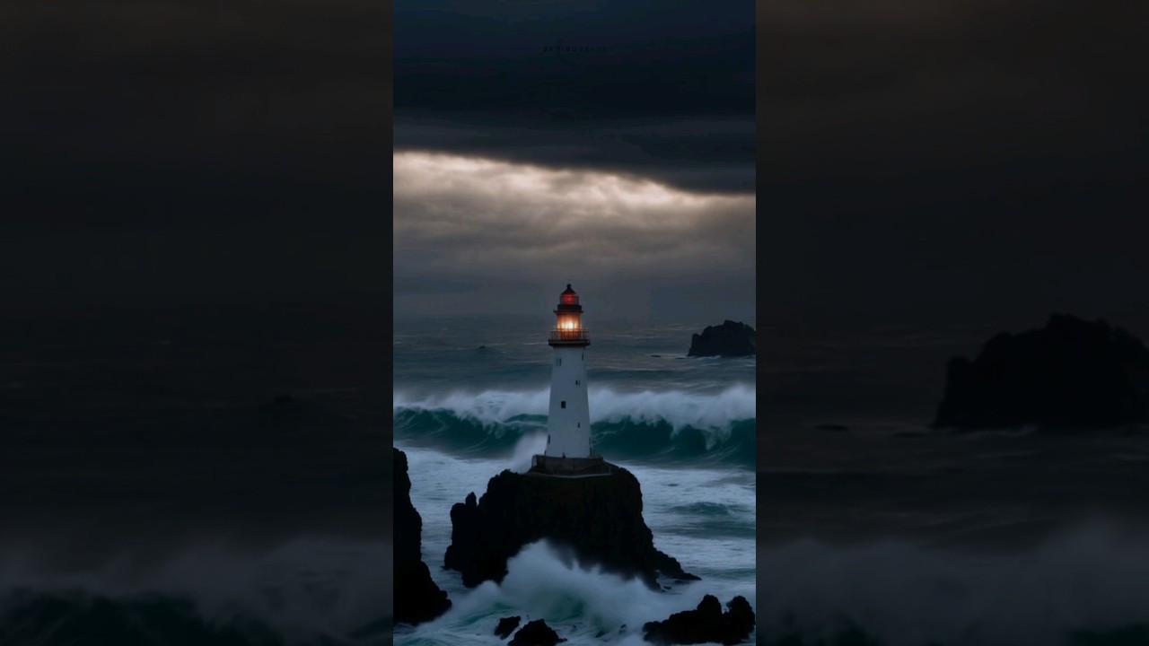 Lighthouse beacon in the dark stormy sea 💫🌊 #envirobeats #lighthouse #sea #storm #dark #relaxing