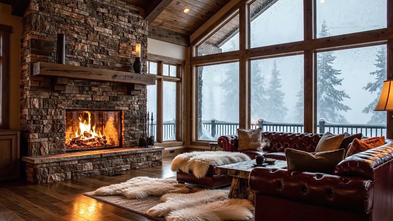 Cozy Mountain Cabin | Peaceful Winter Morning with Falling Snow & Crackling Fireplace