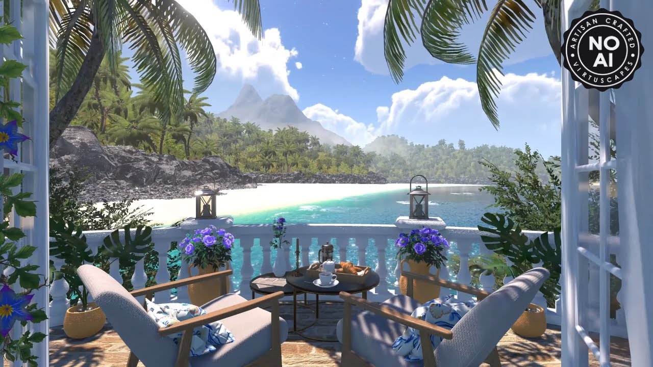 Beach Cove Balcony | Day & Sunset Ambience | Ocean Waves & Tropical Nature Sounds