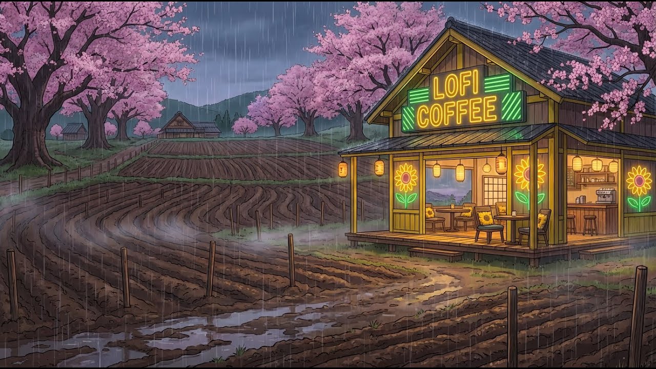 Peaceful Farm Rain with Neon Sakura Lofi 🌿🌸 Lofi Coffee for Stress Relief, Study Focus & Cozy Work