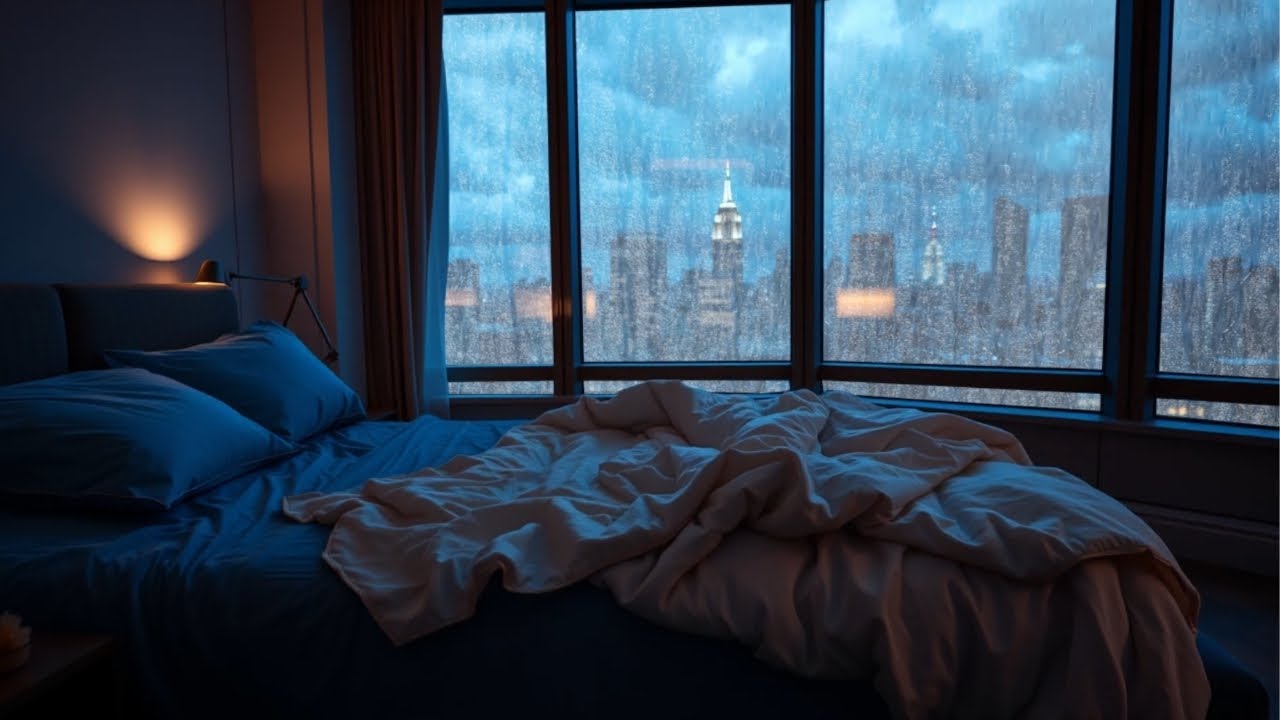Rain Night & Relaxing Piano Jazz Music in Luxury NYC Bedroom for Stress Relief and Sleeping 😴