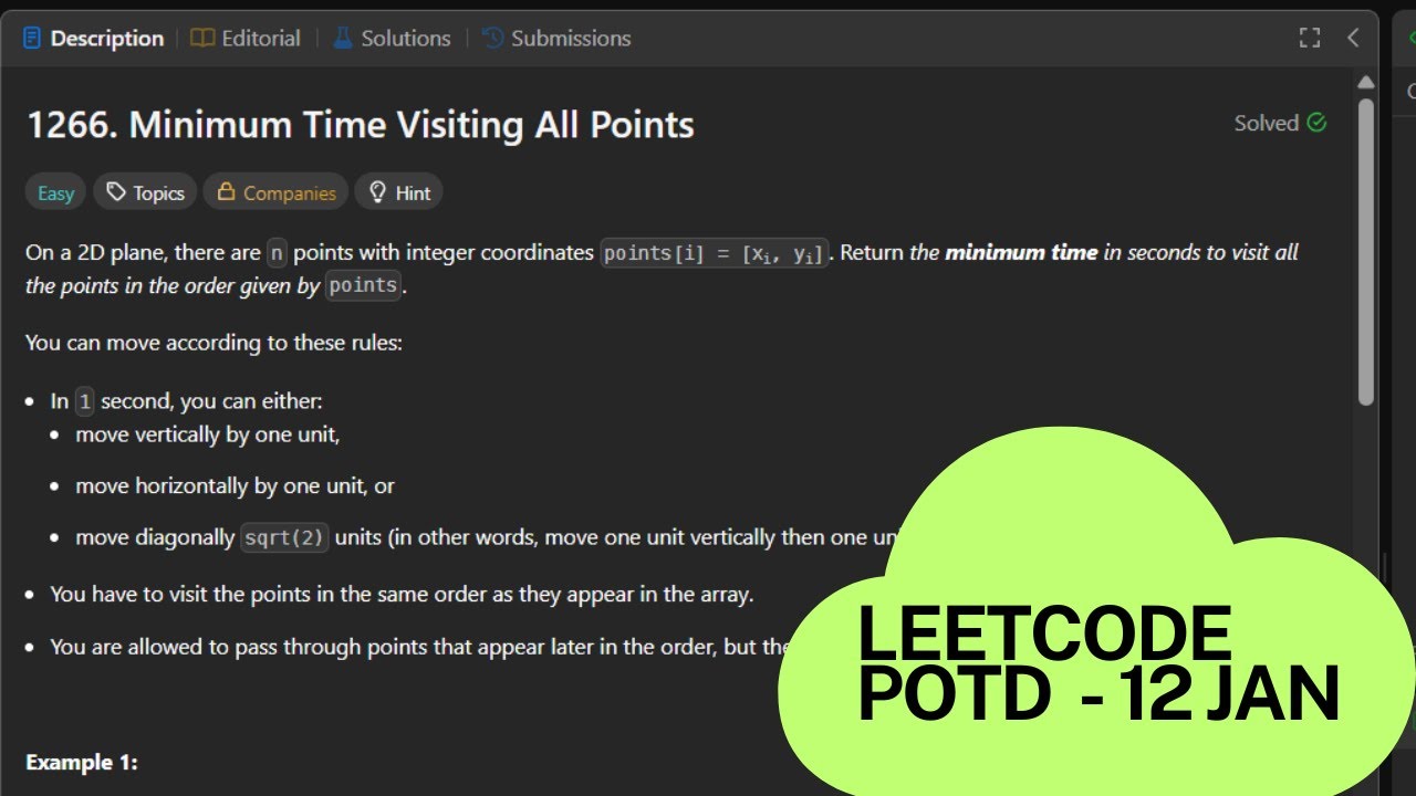 Leetcode 1266 | POTD 12 Jan | Minimum Time Visiting Each Point | C++ Solution