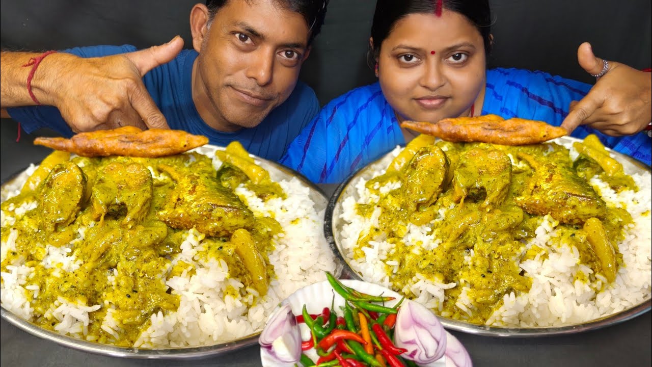 RICE SPICY HILSHA FISH CURRY EATING CHALLENGE/INDIAN FOOD EATING CHALLENGE 