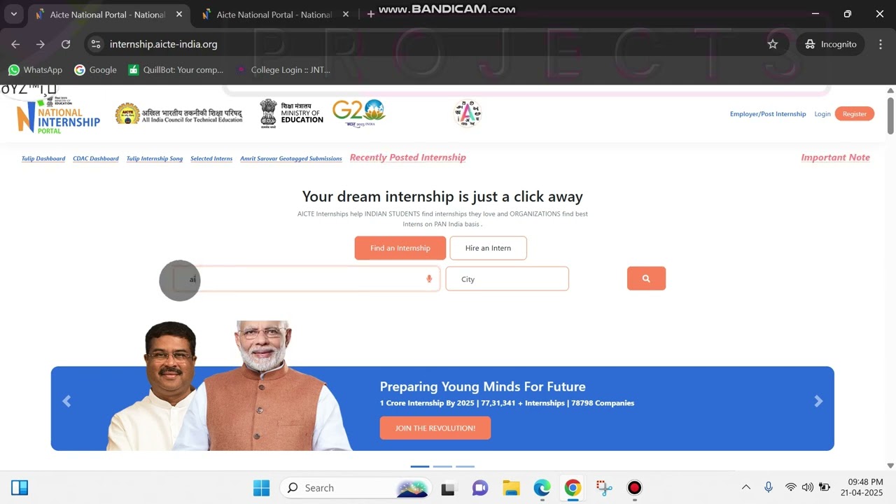 Applying process of internship on AICTE Internship Website