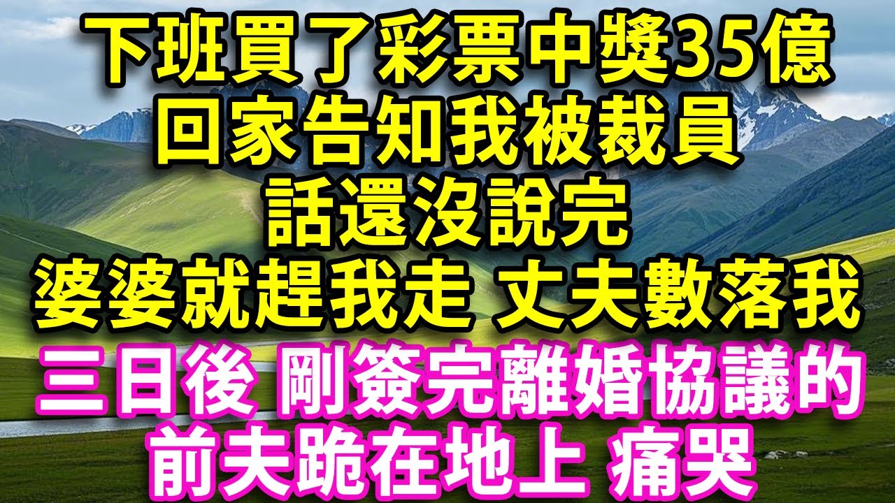 我剛被裁員下班買了彩票中獎35億 回家告知我被裁員 話還沒有說完 婆婆就趕我走 丈夫數落我 三日後 剛簽完離婚協議的前夫跪在地上 痛哭 #人生感悟 #健康 #情感故事 #老年生活 #家庭 #故事