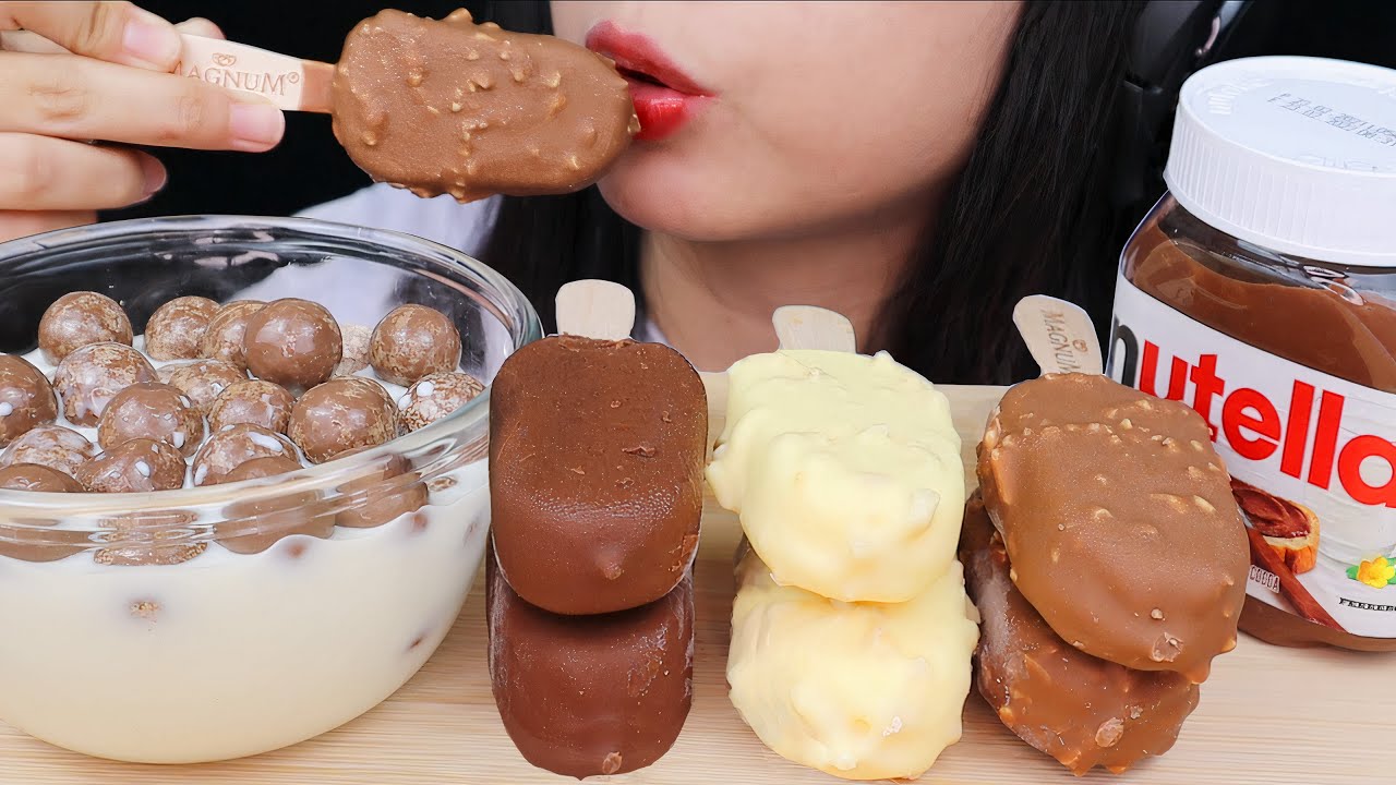 ASMR MAGNUM CHOCOLATE ICE CREAM 🍫 MALTITOS CHOCOLATE BALLS WITH MILK, NUTELLA DESSERT MUKBANG EATING