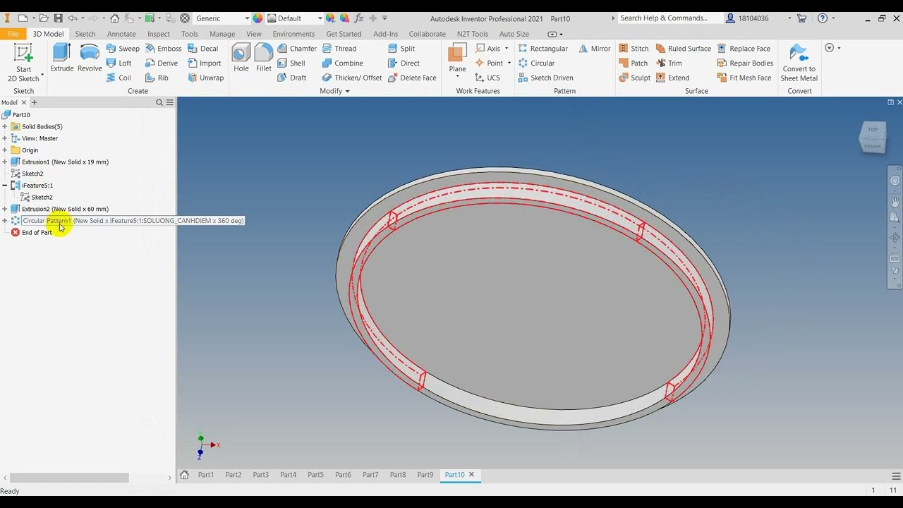 Inventor ifeature -  Phân bố cạnh diềm bàn tròn