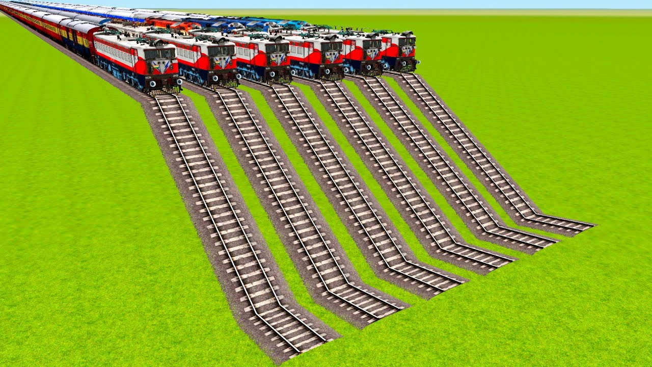 SIX SAME WAG 7 LOCOMOTIVE SLEEPING CROSS AND CRASH ON HIGH BROKEN RAILROAD|🔺 Train simulator|