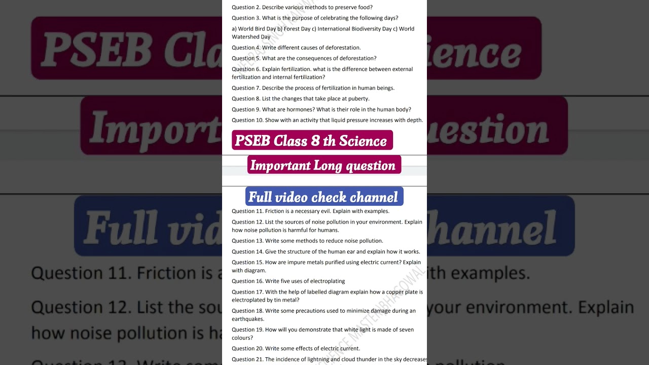 Pseb class 8 th Science Important questions Long final exam 2024 #kalpana17