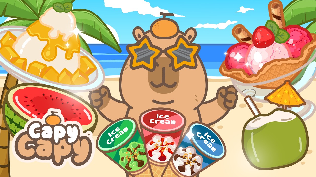 Capy Capy / Capybara cartoon / Beach Day Dessert: Ice cream, watermelon, coconut / ASMR mukbang